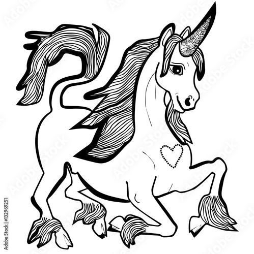 Vector illustration of lovely unicorn black and white