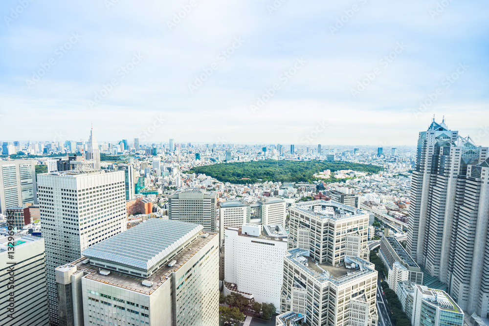 Fototapeta premium Business and culture concept - panoramic modern city skyline bird eye aerial view of Meiji Shrine under dramatic sun and morning blue cloudy sky in Tokyo, Japan