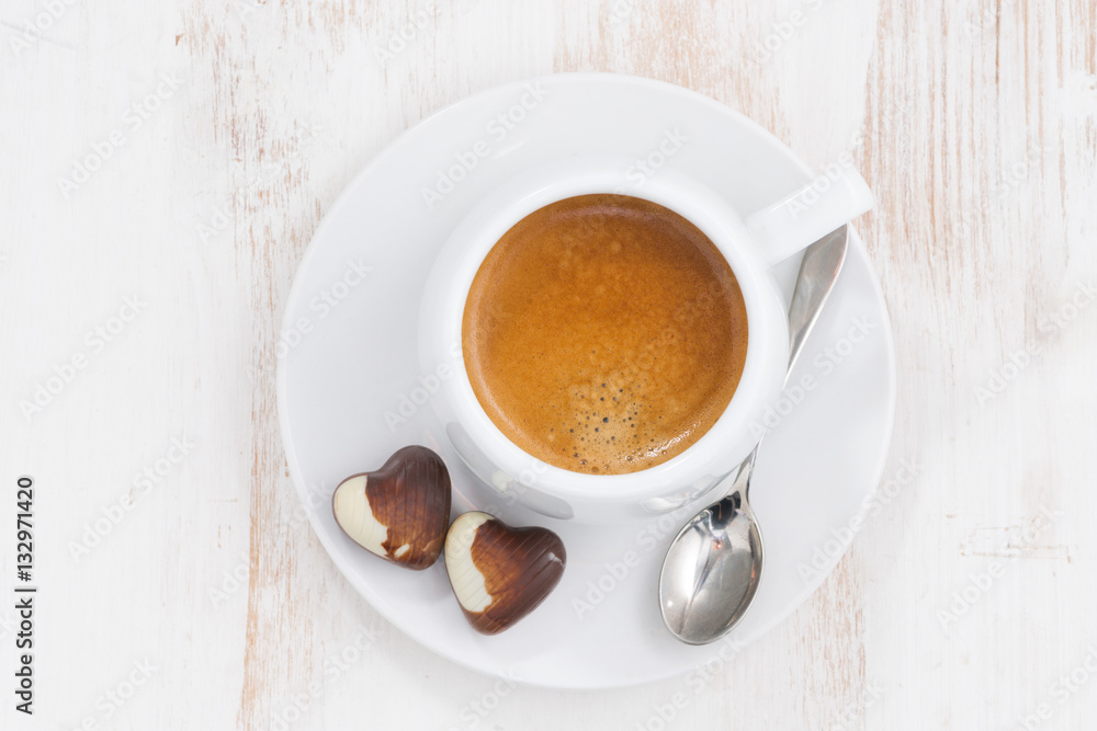 chocolate hearts and espresso, top view chocolate hearts and espresso, top view