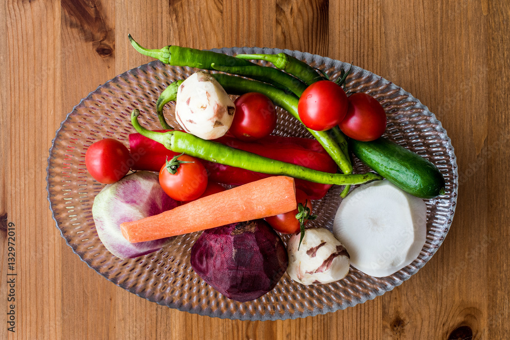 Radish, cucumber, green pepper, red pepper, cherry tomatoes, car Radish, cucumber, green pepper, red pepper, cherry tomatoes, car