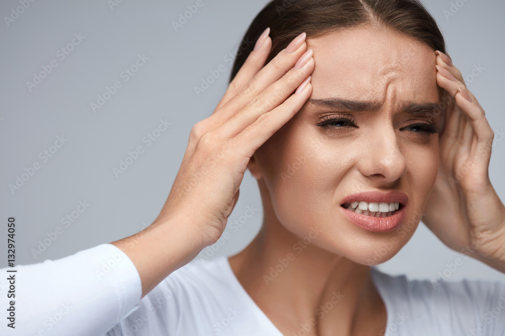 Headache Pain. Beautiful Woman Having Painful Migraine. Health Headache Pain. Beautiful Woman Having Painful Migraine. Health