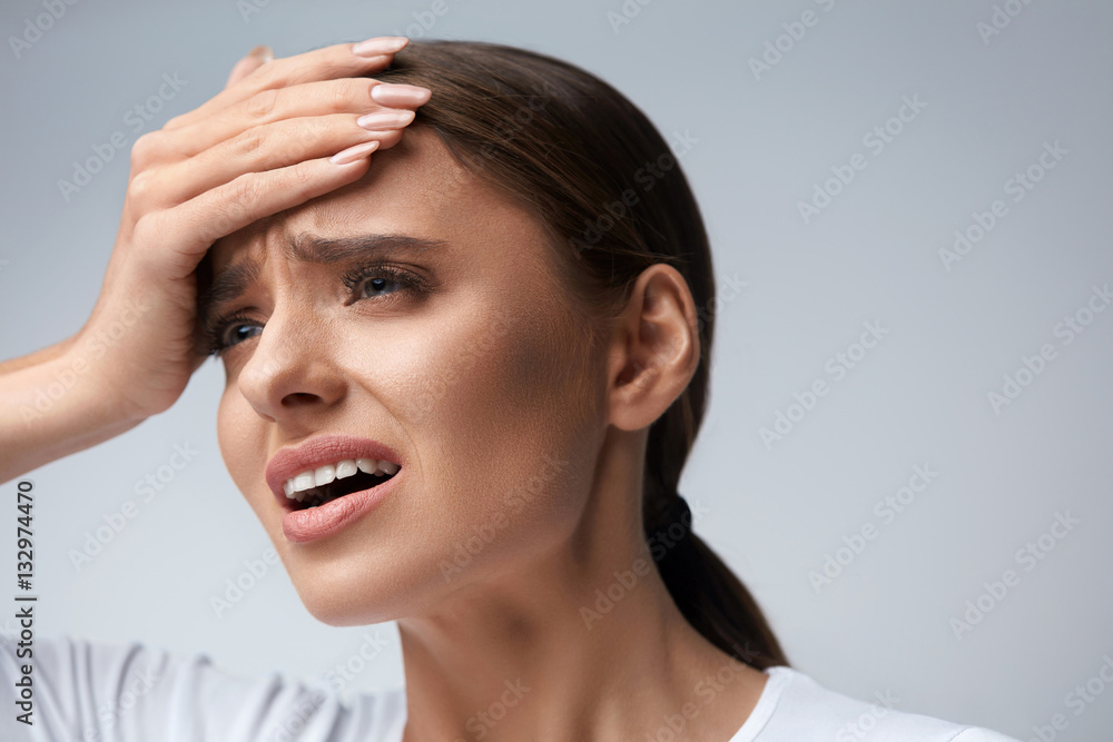 Woman Pain. Girl Having Strong Headache, Suffering From Migraine Woman Pain. Girl Having Strong Headache, Suffering From Migraine