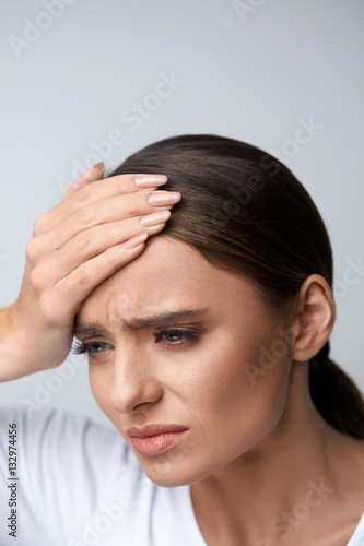 Woman Pain. Girl Having Strong Headache, Suffering From Migraine