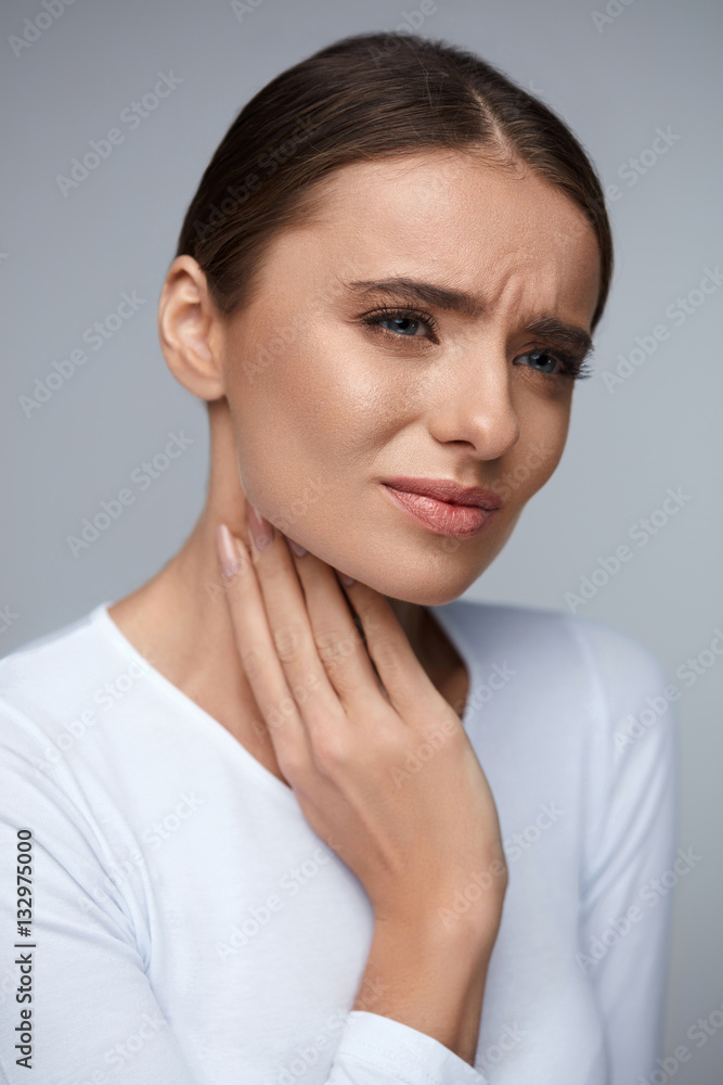 Throat Pain. Beautiful Woman Having Sore Throat, Painful Feeling Stock