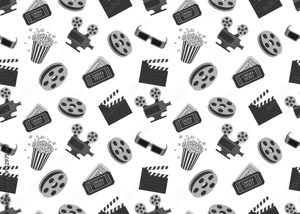 Fototapeta premium Cinema seamless pattern with movie objects. Clapperboard, ticket