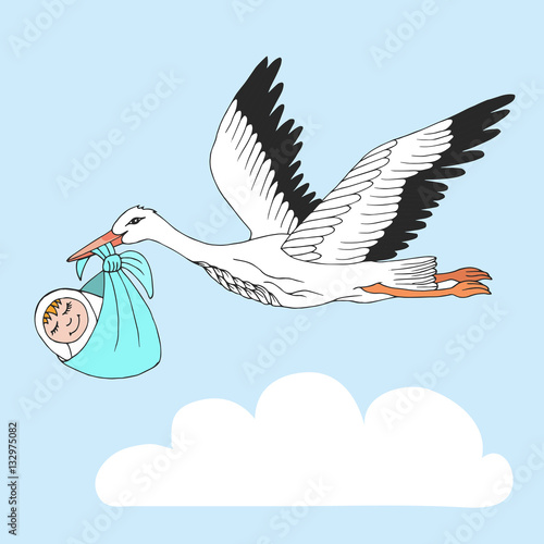 Nice card with stork and baby on blue sky
