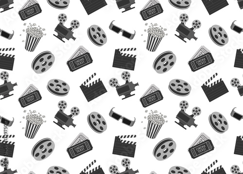 Cinema seamless pattern with movie objects. Clapperboard, ticket
