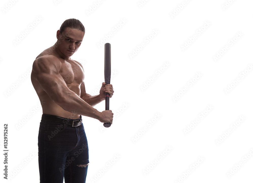 Portrait a brutal man bodybuilder athlete with naked torso a baseball bat his hands on a white background Stock Photo | Adobe Stock