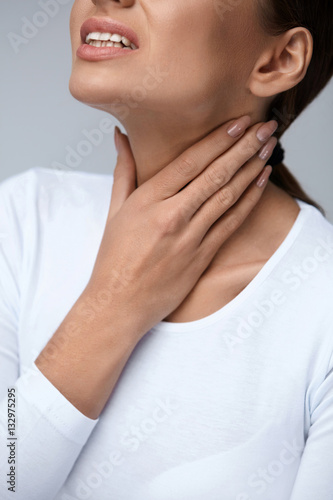Throat Pain. Closeup Woman With Sore Throat  Painful Feeling