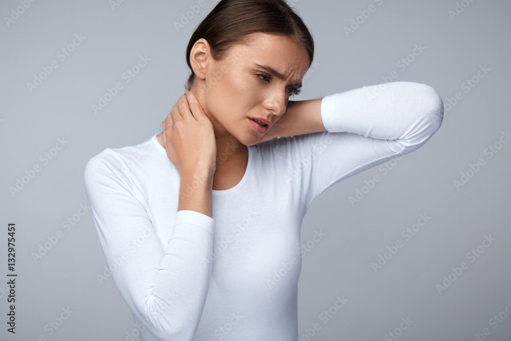 Tired Neck. Beautiful Woman Suffering From Pain, Painful Feeling Tired Neck. Beautiful Woman Suffering From Pain, Painful Feeling