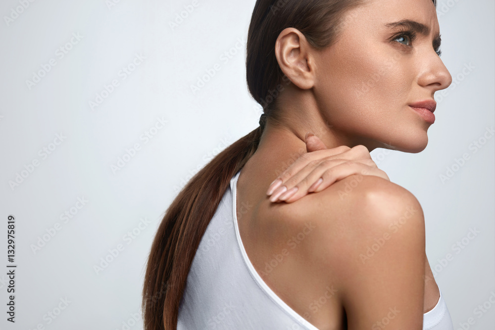 Pain In Body. Beautiful Woman Feeling Pain In Neck And Shoulders Pain In Body. Beautiful Woman Feeling Pain In Neck And Shoulders