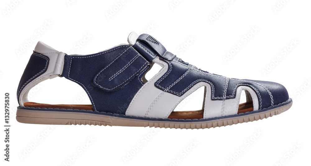 Naklejka premium Blue and white leather sandals on white background