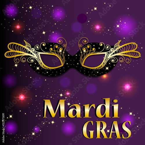 Mardi Gras . Carnival mask with gold sequins. Background , poster, Billboard, postcard, invitation Vector illustration .. 
