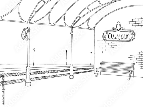 Railway station graphic train platform sketch illustration vector