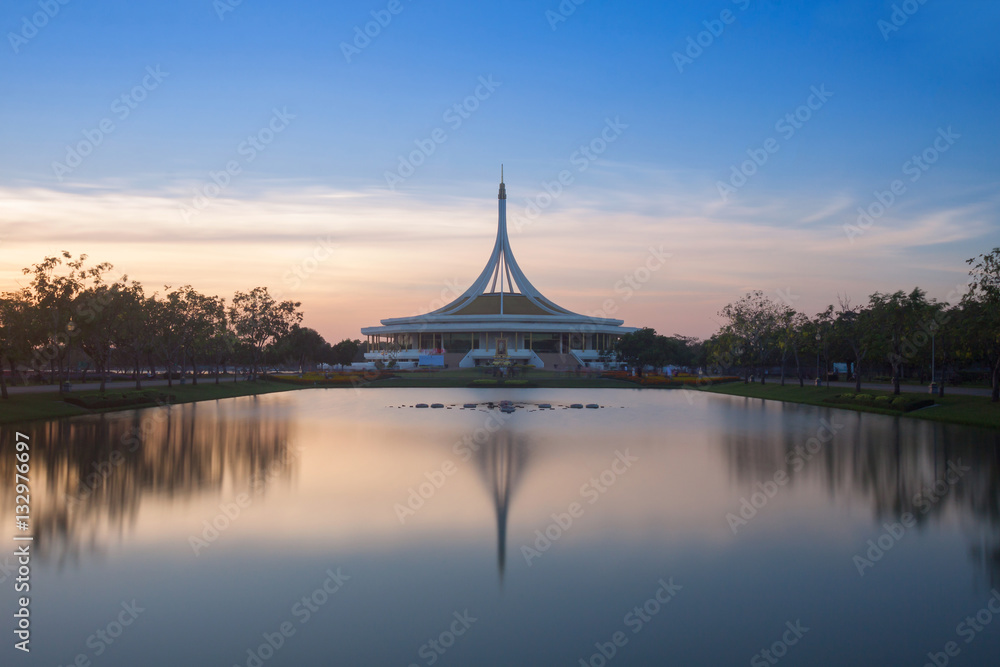 Monument in public park of thailand. Twilight shooting reflectio