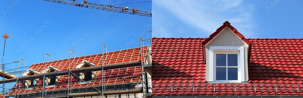 Dach mit Gauben während der Eindeckung und nach Fertigstellung (Collage)