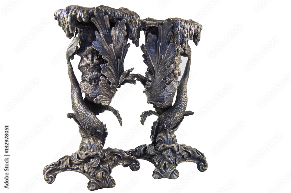 Old candlestick silver handmade depicting fish Old candlestick silver handmade depicting fish