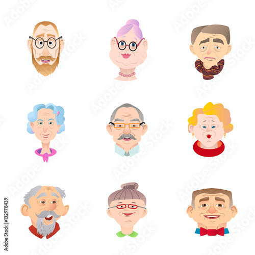 Face of elder people icons set in flat style. Pensioner head col