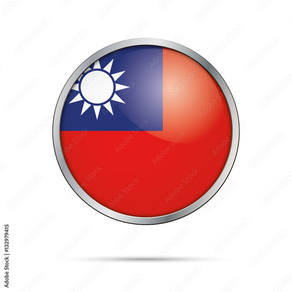 Vector Taiwanese flag button. Republic of China flag in glass button style with metal frame