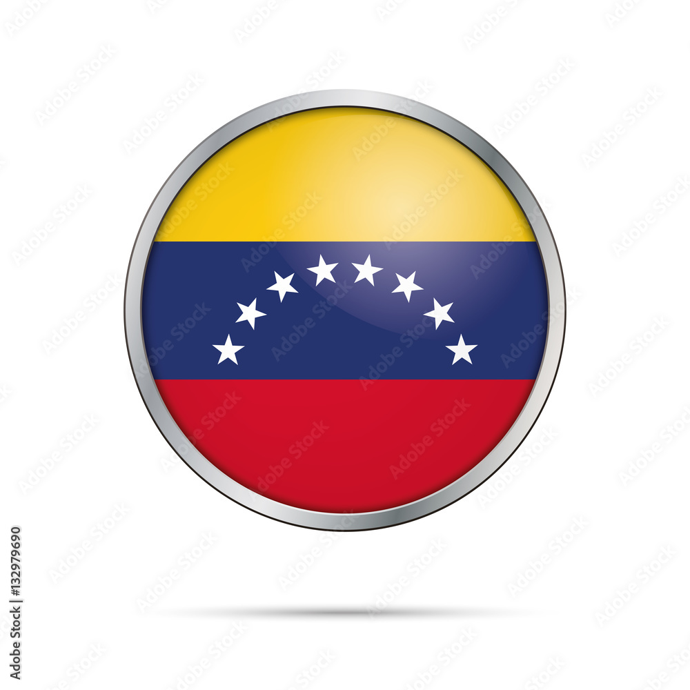 Vector Venezuelan flag button. Venezuela flag in glass button style with metal frame