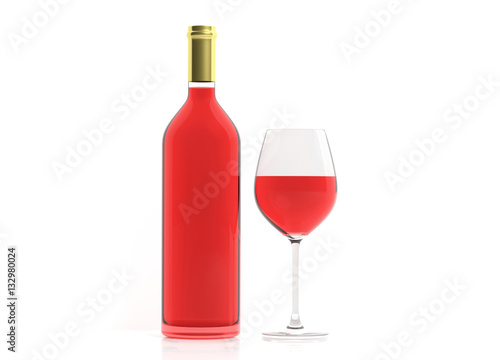 Wine glass and bottle on white background. 3d illustration