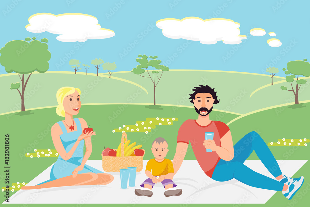 Illustration of a happy family having a picnic in the park,
outdoor. Vector illustration. eps10 Illustration of a happy family having a picnic in the park,
outdoor. Vector illustration. eps10