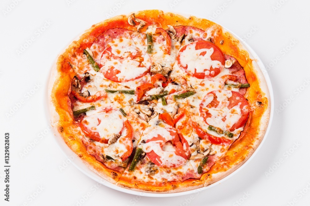 Pizza with tomato, mushrooms, bell peppers closeup Pizza with tomato, mushrooms, bell peppers closeup