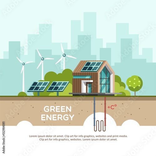 Green energy an eco friendly house - solar energy, wind energy, geothermal energy. Vector concept illustration.