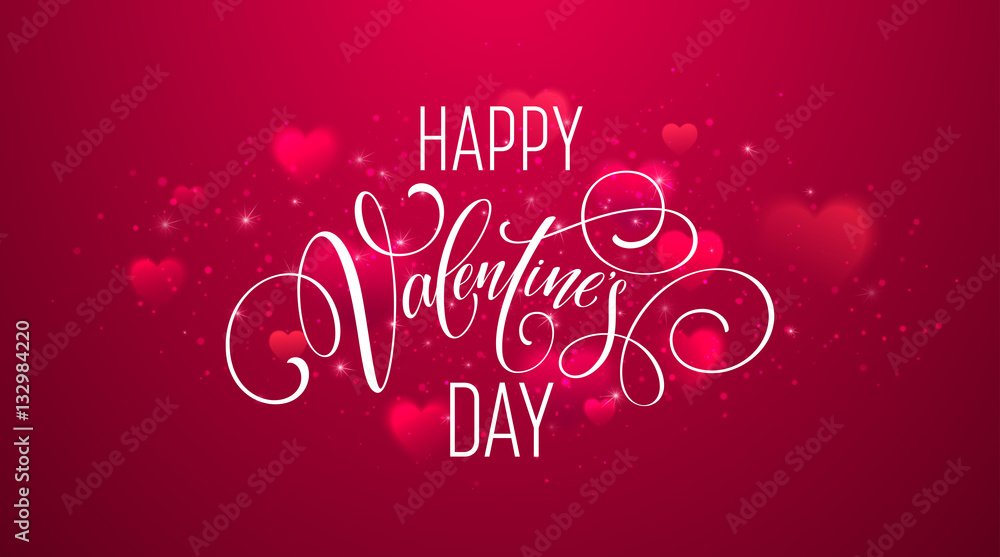 Happy valentines day handwritten text on blurred heart background. Vector illustration