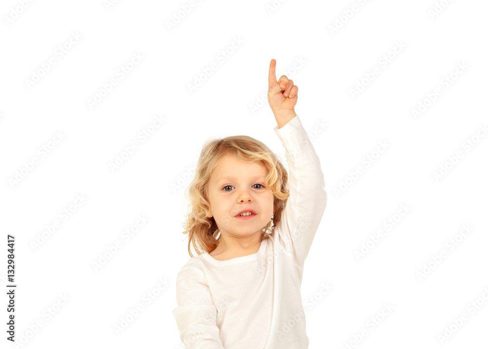 Adorable baby with blond long hair raising the hand Adorable baby with blond long hair raising the hand