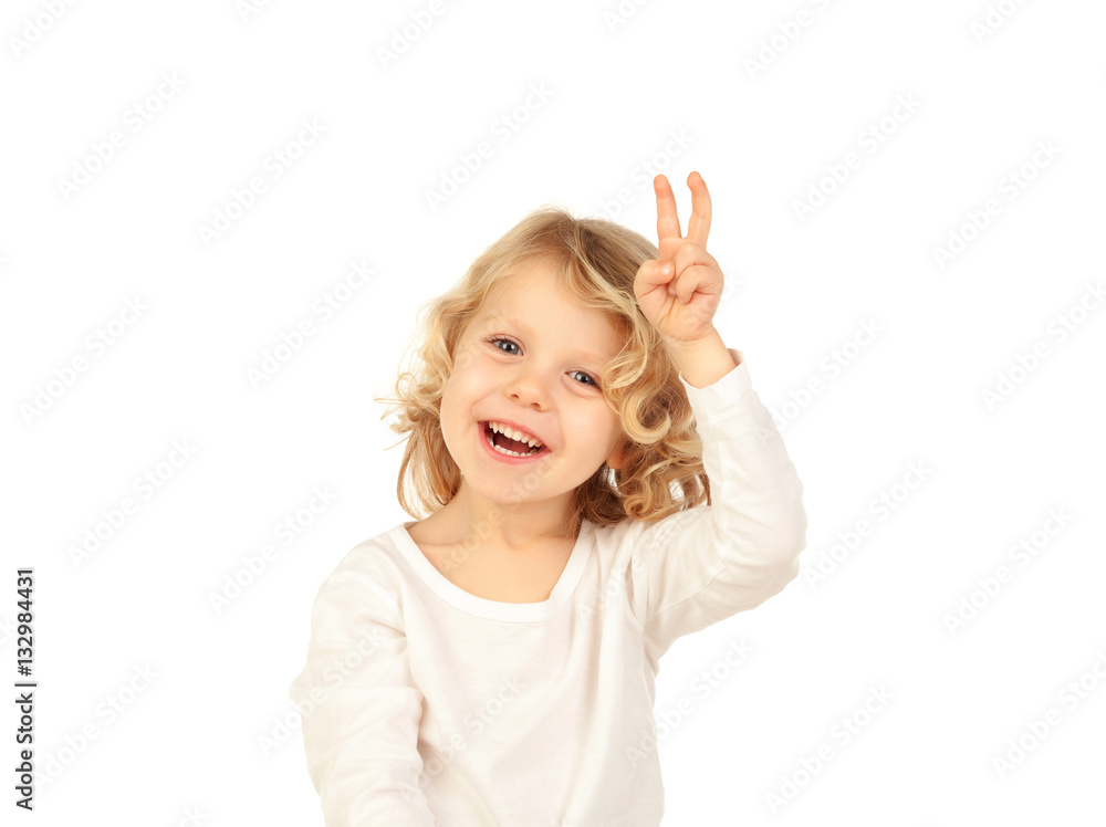 Small blond child doing victory sign with his fingers Small blond child doing victory sign with his fingers