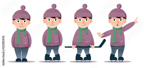 Little boy on skates. Set of different poses and facial expressions.