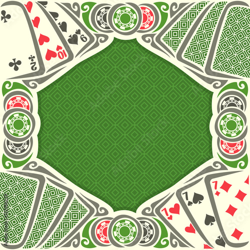 Vector image Black Jack for text on texture background, combination playing cards suits: 7, 9, 10, 2 for gamble game black jack on green felt table, blackjack or poker tournament, chips and back card.