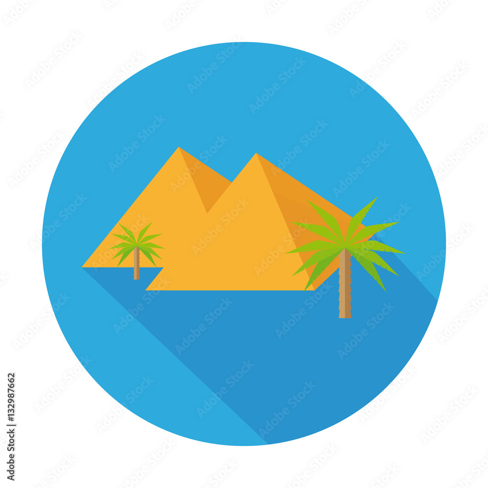 Flat Icon Pyramid With Palm Tree And Long Shadow For Travel