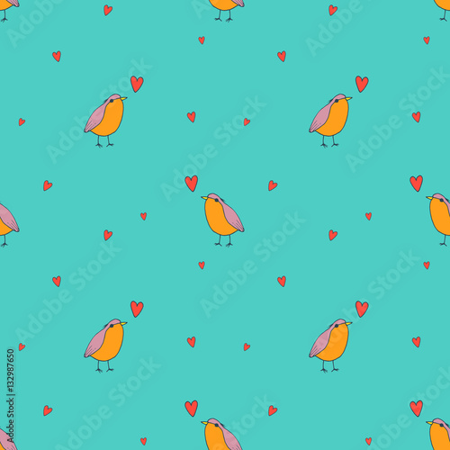 Cute baby robin bird with hearts - vector hand drawn seamless pattern. Childish kawaii style sketch with small animal. Valentines day romantic wallpaper