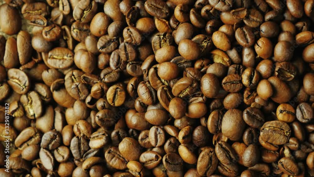 Grains of roasted coffee varieties Arabica and Robusta are rotated Grains of roasted coffee varieties Arabica and Robusta are rotated