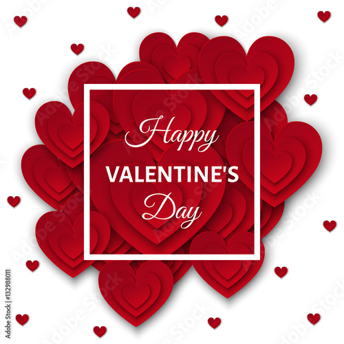 Happy Valentines day card  with red  hearts on white background.