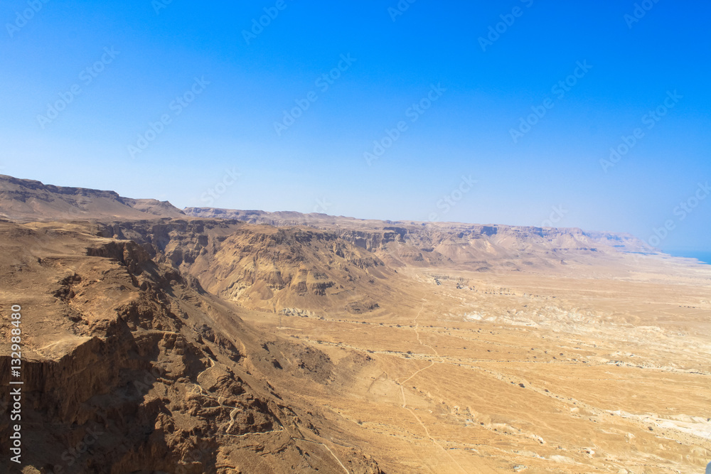 Masada with ropeway and Dead Sea, Israel. Masada was the final battlefield of First Jewish–Roman War.