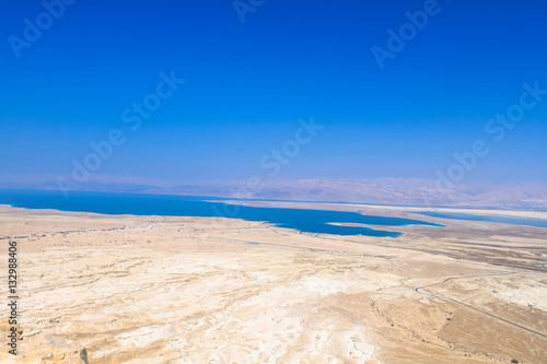 Masada with ropeway and Dead Sea  Israel. Masada was the final battlefield of First Jewish   Roman War.