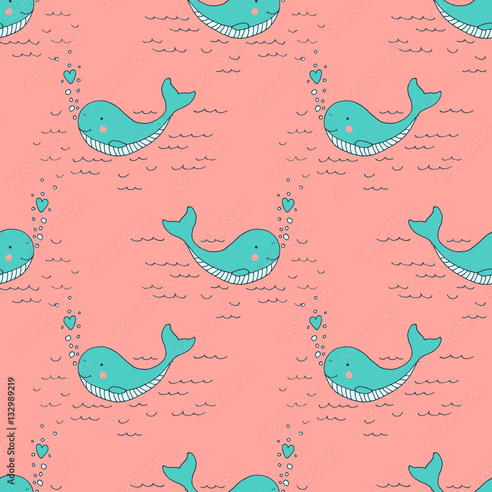 Cute baby blue whale with hearts - vector hand drawn seamless pattern. Childish kawaii style sketch with small animal. Valentines day romantic wallpaper
