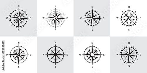 Vector set of variations of the geo mark Wind Rose. Vector compass. Rose Wind in lineal style. Perfect image for Columbus Day.