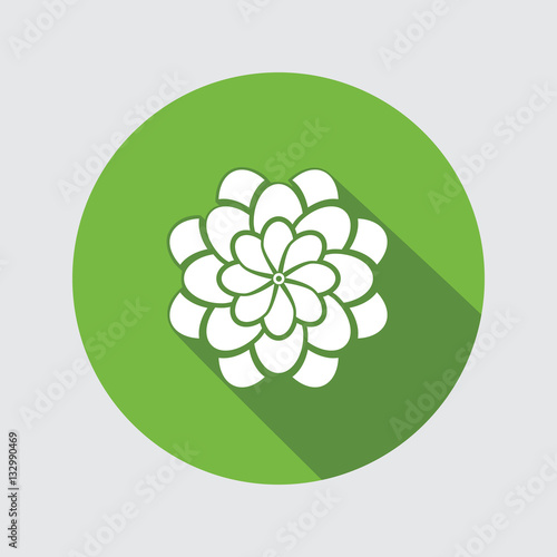 Flower icon. Dahlia, aster, daisy, chrysanthemum, gowan. Summer, autumn floral symbol. Round green flat sign with long shadow. Vector isolated.
