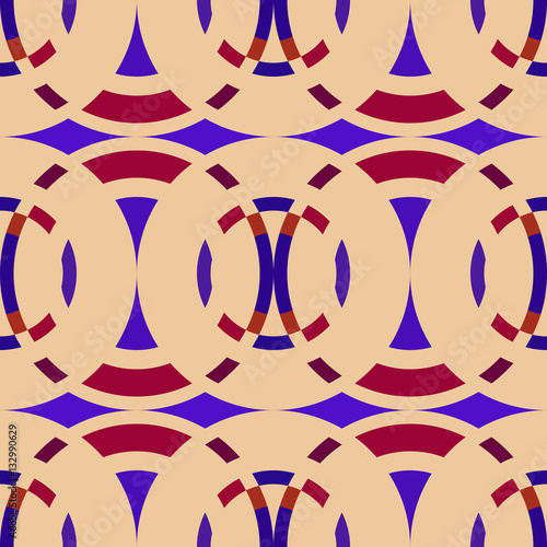 Seamless geometric abstract pattern. Rombus, circle view braiding figure texture. Violet, dark red, bisque colored background. Vector