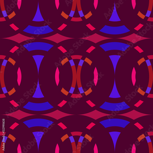 Seamless geometric abstract pattern. Rombus, circle view braiding figure texture. Violet, dark red, bisque colored background. Vector