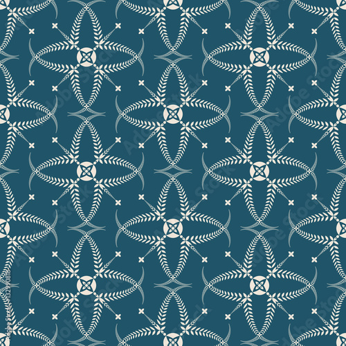 Religion seamless pattern. Laurel wreath, lace view texture with cross. Ceremonial, funeral background. Swirl stylized ornament. Turquoise, light gray colored. Vector 