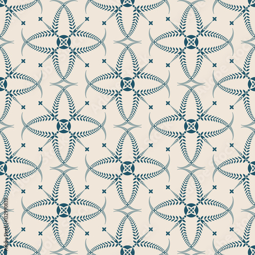 Religion seamless pattern. Laurel wreath, lace view texture with cross. Ceremonial, funeral background. Swirl stylized ornament. Turquoise, light gray colored. Vector 