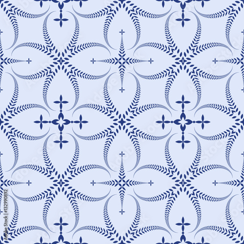 Religion seamless pattern. Laurel wreath, lace view texture with cross. Ceremonial, funeral background. Swirl stylized ornament. Blue contrast colored. Vector 