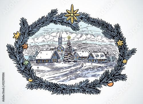Festive winter rural landscape with frame from spruce needles. Performed in a manual way of drawing, imitating the engraving.
