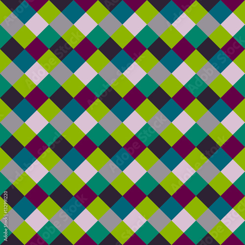 Seamless geometric checked pattern. Diagonal square, braiding, woven line background. Patchwork, rhombus, staggered texture. Green, gray, vinous colors. Winter theme. Vector