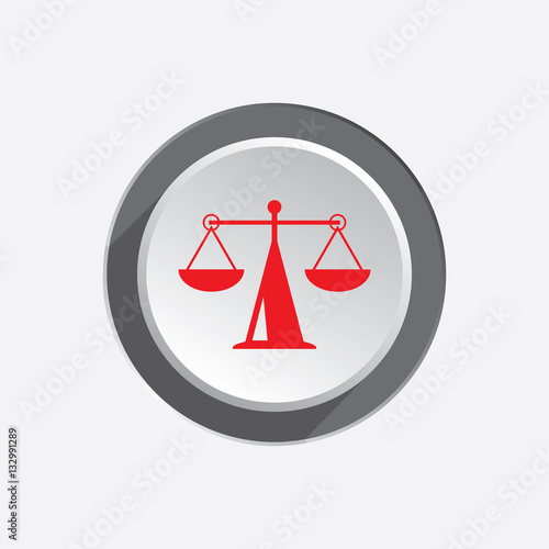 Scales web icon. Justice, weight, balance symbol. Red silhouette on three dimensional round white gray button with shadow. Vector